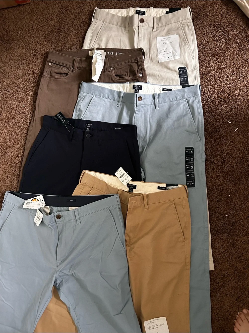 LOT OF 6 J. Crew Men's Chino Pants Bundle in Navy, Light Blue, Tan, Brown, Cream